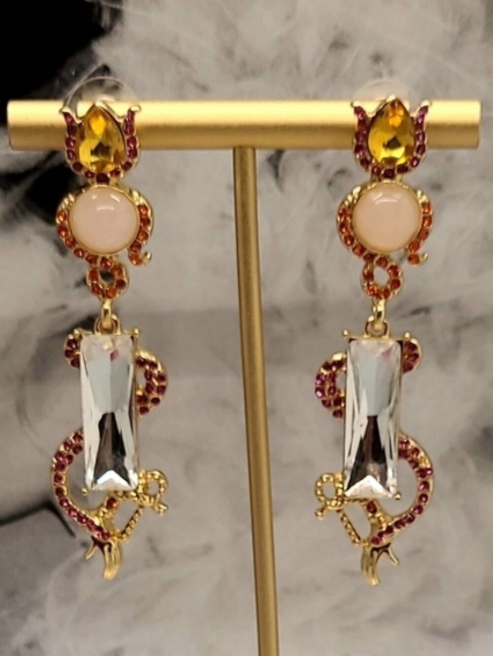 Vintage Estate Surrealism Snake Crystal Embellished Gold Drop Earrings